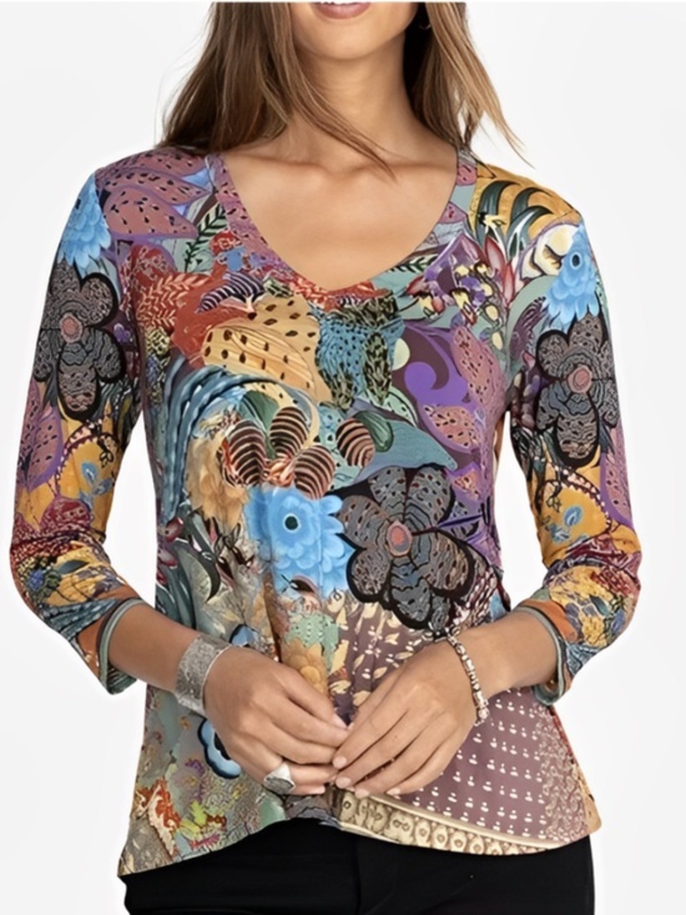 Johnny Was Madison Favorite Neck Swing Tee Floral Purple Shirt Top Medium
